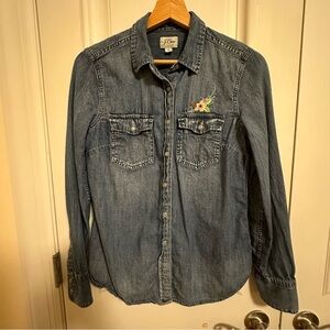 JCrew women denim shirt size 6 with handmade cross stitch flowers